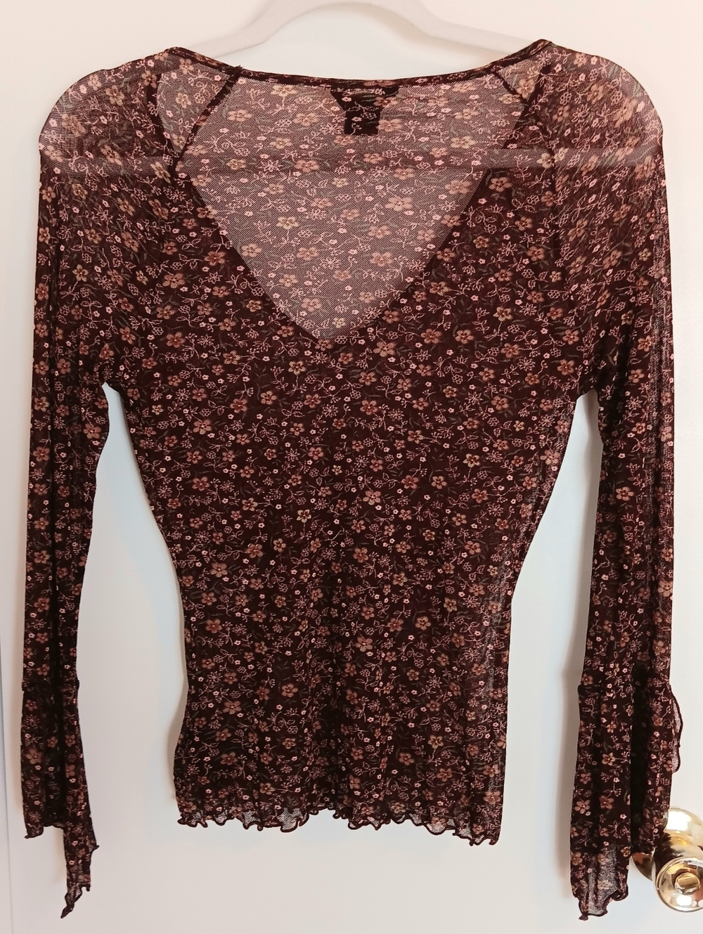 Guess Vintage Sheer Ditsy Floral V-Neck Long Sleeve Top Stretchy Mesh 90s Pop